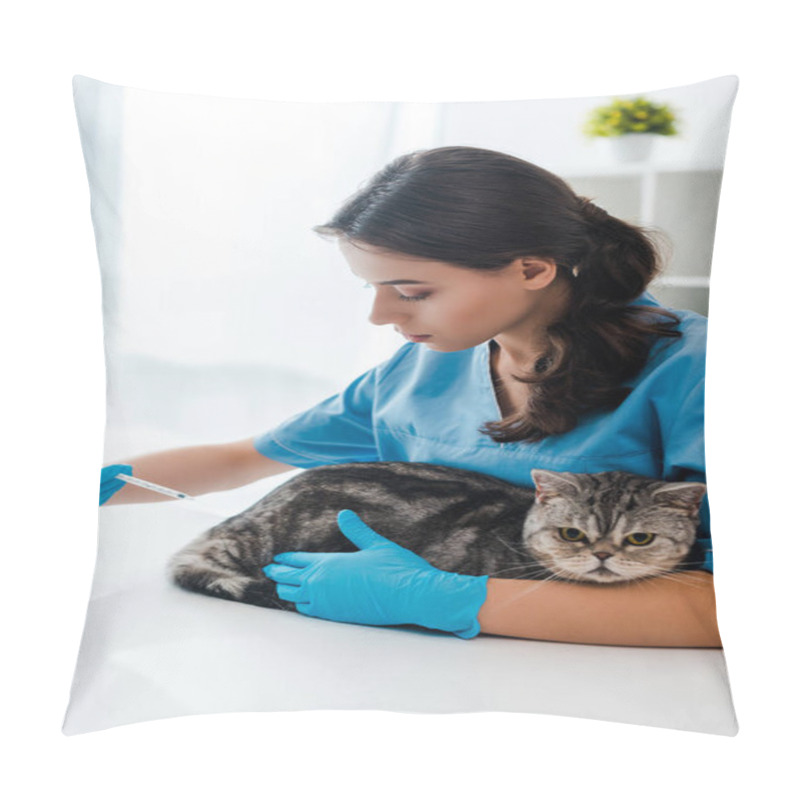 Personality  Attentive Veterinarian Making Injection To Tabby Scottish Straight Cat Pillow Covers