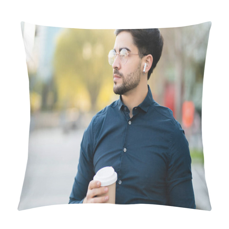 Personality  Young Man Holding A Cup Of Coffee While Walking Outdoors. Pillow Covers