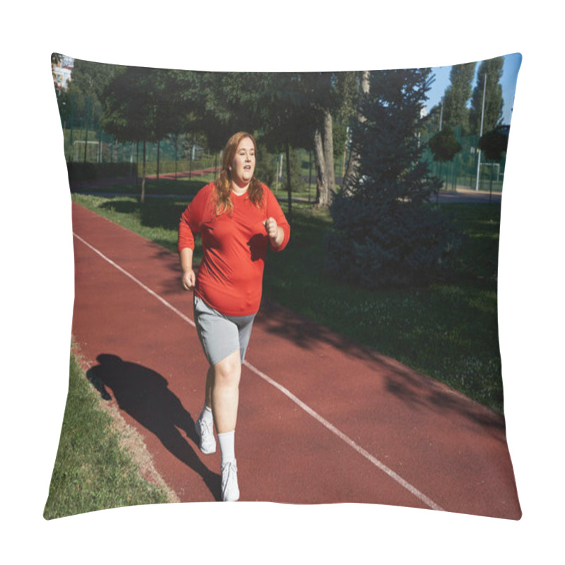 Personality  A Joyful Woman Exercises Outdoors, Jogging Along A Scenic Park Path. Pillow Covers