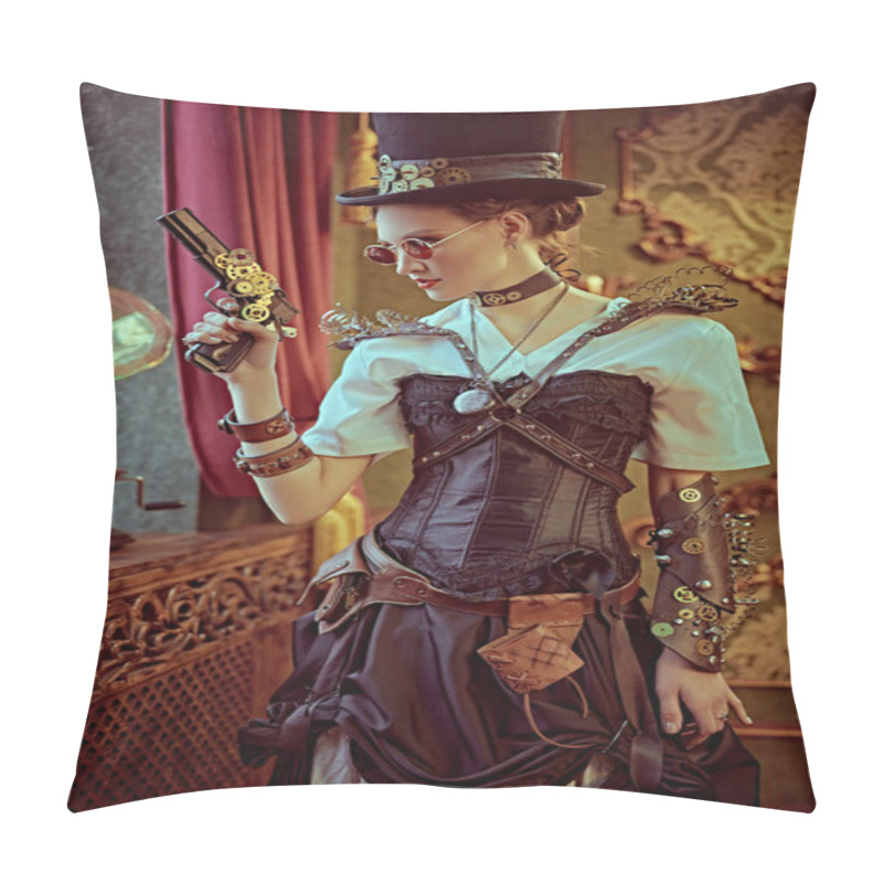 Personality  Beautiful Confident Lady Steampunk Stands With A Gun In A Room With Vintage Victorian Interior. World Of Steampunk.  Pillow Covers