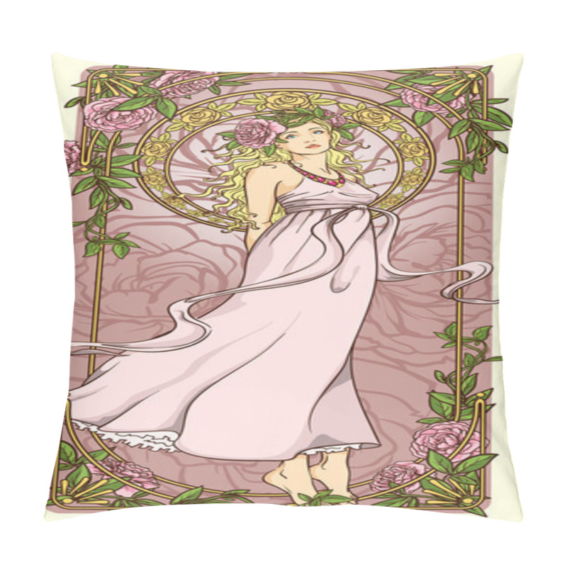 Personality  Art Nouveau Woman In Floral Border Pillow Covers