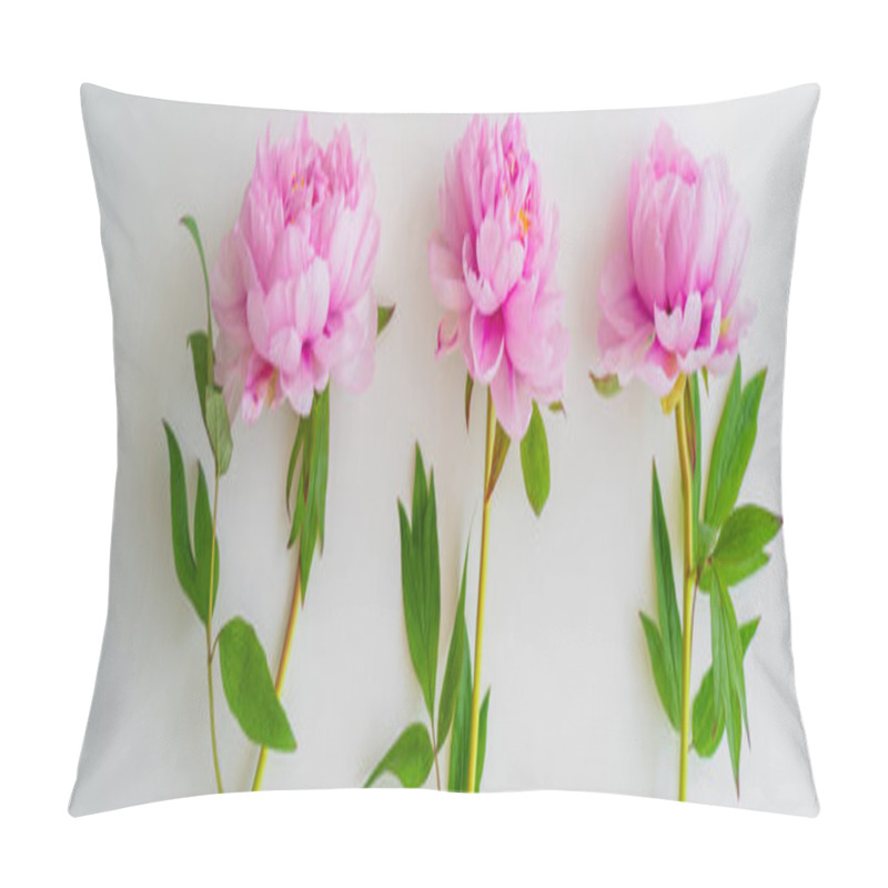 Personality  Top View Of Fresh Pink Peonies With Green Leaves On White Background, Banner Pillow Covers