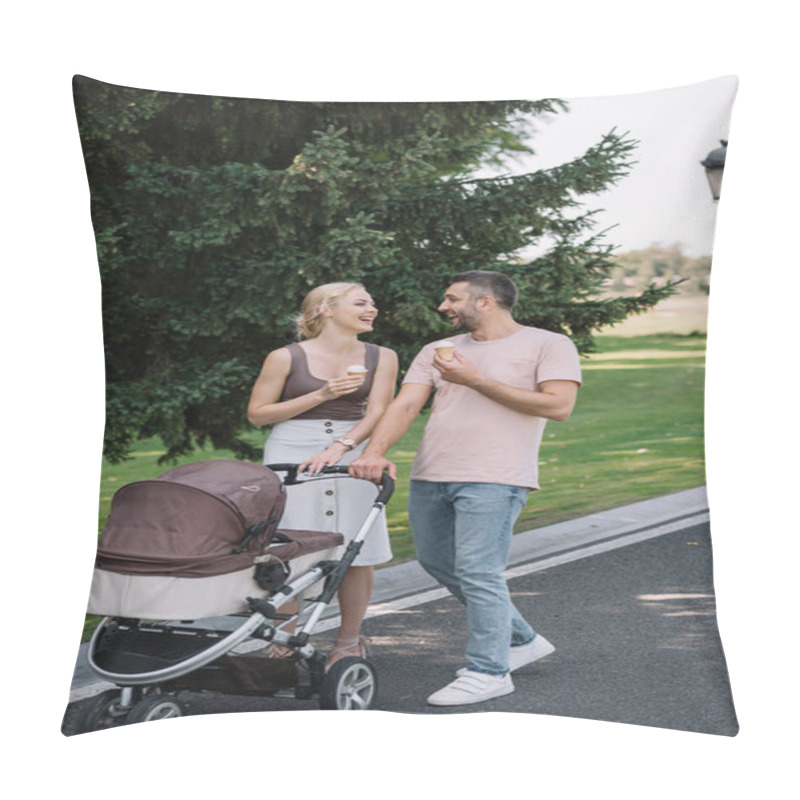 Personality  Laughing Parents Walking With Baby Carriage And Ice Cream In Park Pillow Covers