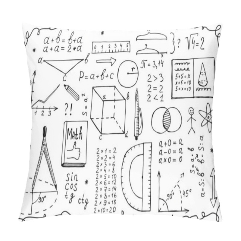 Personality  Symbols And Signs For The School Lesson Math, Numbers, Formulas, Graphics. Hand Drawn Doodle Black Line Vector Illustration. The Concept Of Education And Home-based Online Learning. Pillow Covers