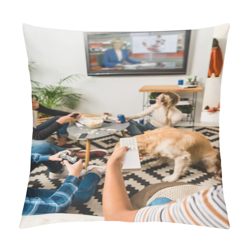 Personality  Cropped Image Of Girl Switching On Tv News Pillow Covers