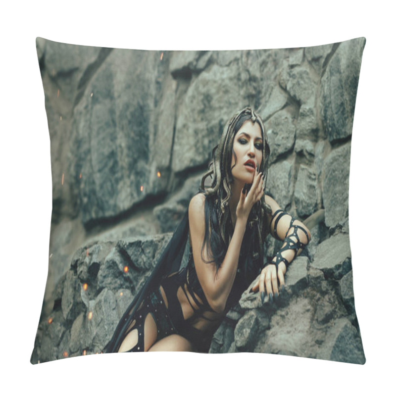 Personality  Image Of Gorgon Medusa, Braid Hair And Gold Snakes, Close-up Portrait. Gothic Make-up In Green Shades. Background Of Wild Stones. Long Black Claws And A Predatory Look Pillow Covers