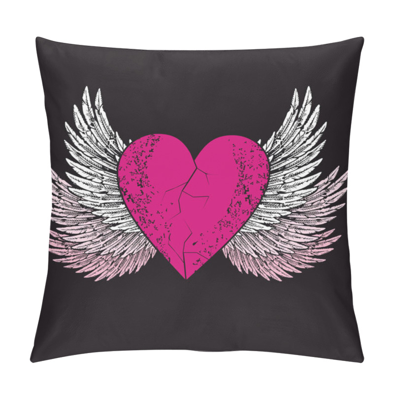 Personality  Vector Design For T-shirt Of A Pink Heart With Wings Isolated On Black. Illustration Of A Broken Heart Flying. Pillow Covers