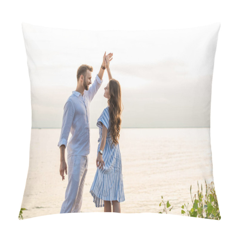 Personality  Cheerful Couple Holding Hands And Dancing Near Lake  Pillow Covers