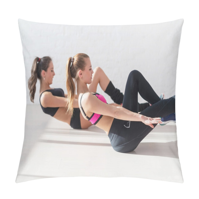 Personality  Two Sporty Women Doing Exercise Abdominal Crunches, Pumping A Press On Floor In Gym Concept Training Exercising Workout Fitness Aerobic Side View Pillow Covers