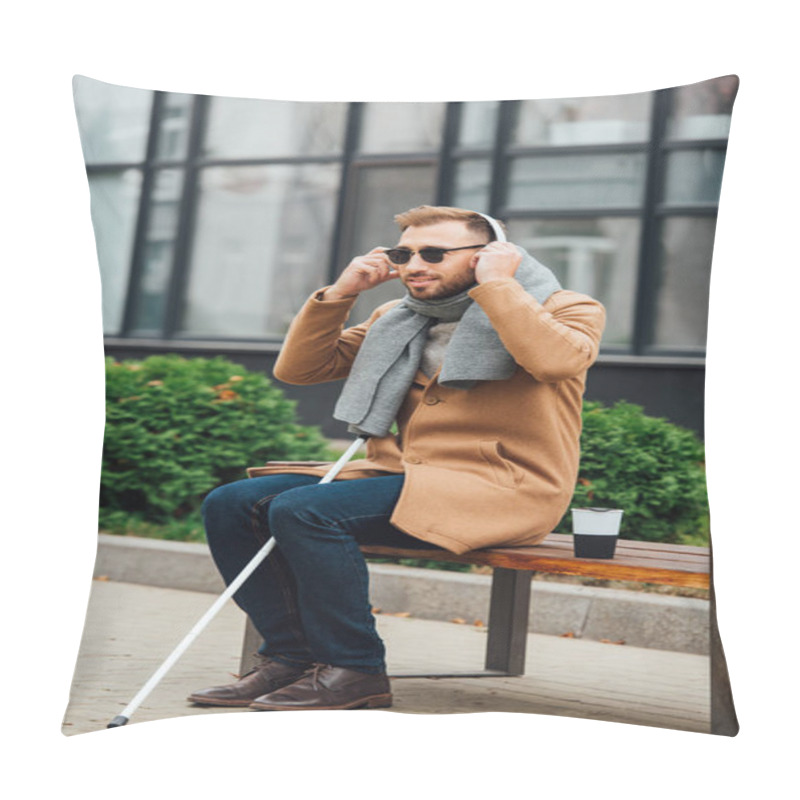 Personality  Blind Man Using Headphones While Sitting On Bench Pillow Covers