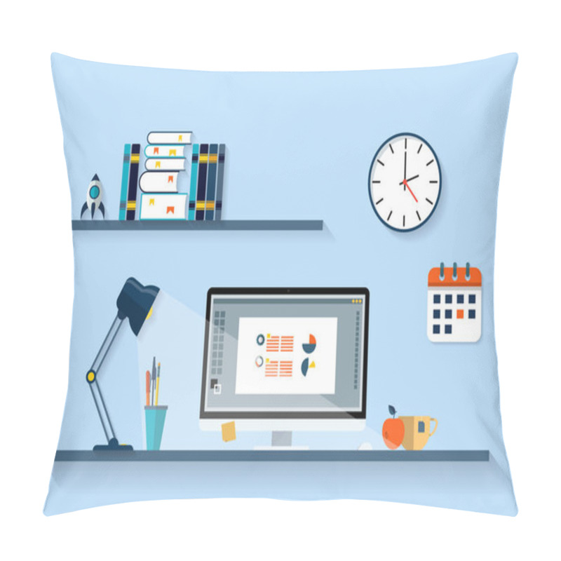 Personality  Flat Design Vector Illustration Of Modern Office Interior With Designer Desktop Showing Design Application With Interface Icons And Elements In Minimalistic Style And Color. Pillow Covers