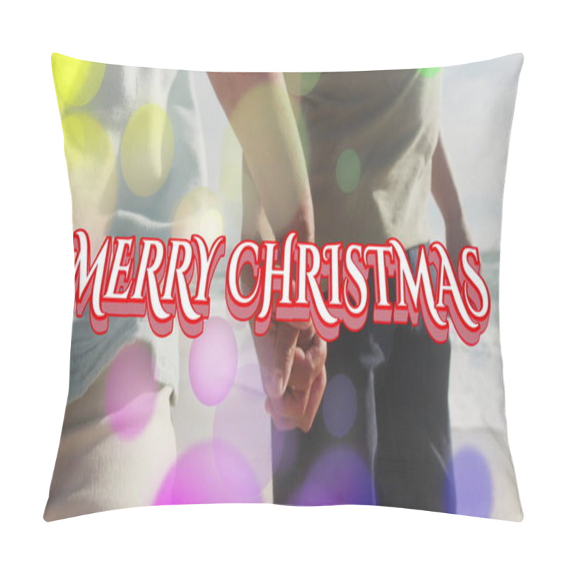 Personality  Image Of Merry Christmas Text Over Senior Biracial Couple At Beach. Christmas, Celebration And Digital Interface Concept Digitally Generated Image. Pillow Covers