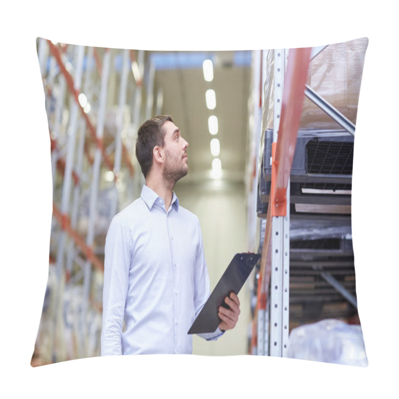 Personality  Happy Businessman With Clipboard At Warehouse Pillow Covers