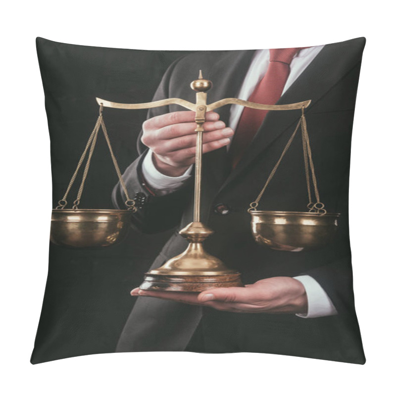 Personality  Cropped Shot Of Lawyer Holding Justice Scales Isolated On Black Pillow Covers