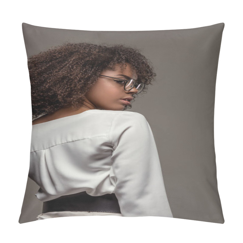 Personality  Stylish African American Woman In White Shirt Wearing Glasses Isolated On Grey Background Pillow Covers