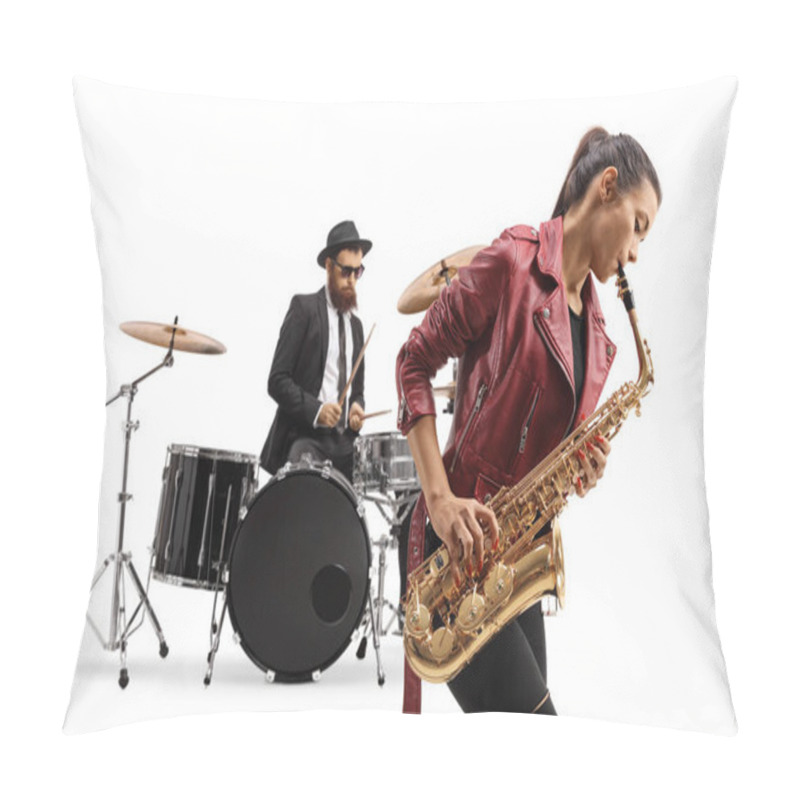 Personality  Young Female Playing A Saxophone And A Man Playing Drums In The Back Isolated On White Background Pillow Covers