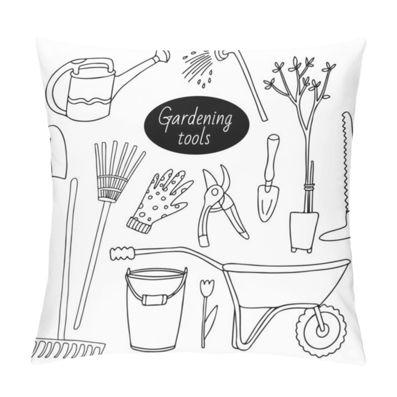 Personality  Set With Gardening Tools. Watering Can, Bucket, Shovel, Wheelbarrow, Trowel, Seedling Tree, Rake, Hose Nozzle, Pruner, Saw, Glove, Tulip. Vector Doodle Hand Drawn Illustration Isolated On White. Pillow Covers