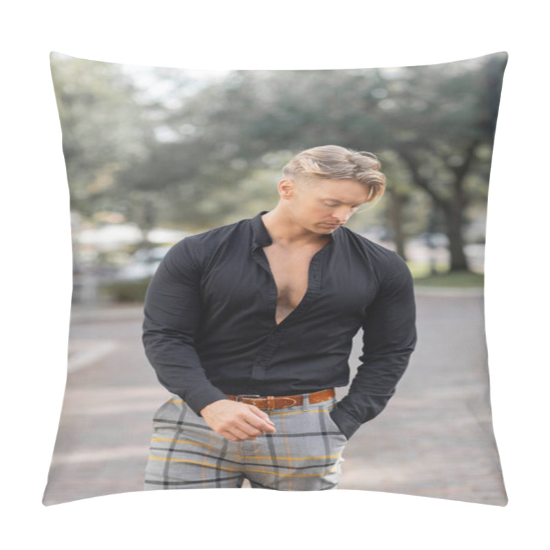 Personality  A Handsome Blonde Man Walks Down A Street In Orlando, Florida, Dressed In Stylish Attire. Pillow Covers