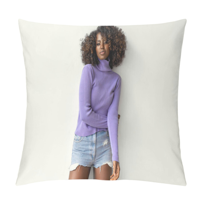 Personality  Beautiful Black Girl In Turtleneck With Afro Hairstyle Isolated On White Pillow Covers