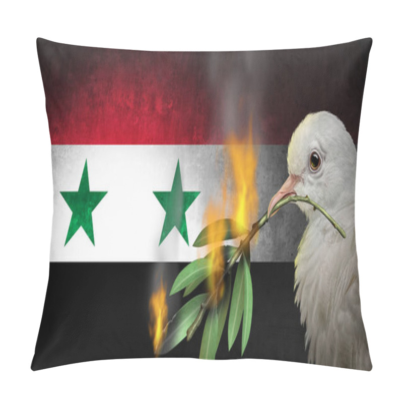 Personality  Syria Crisis Civil War As A Middle East Conflict In Damascus Aleppo Homs And Latakia Near The Euphrates River And Golan Heights Asc A Peace Problem Idea With A White Dove And An Olive Branch In Distress. Pillow Covers