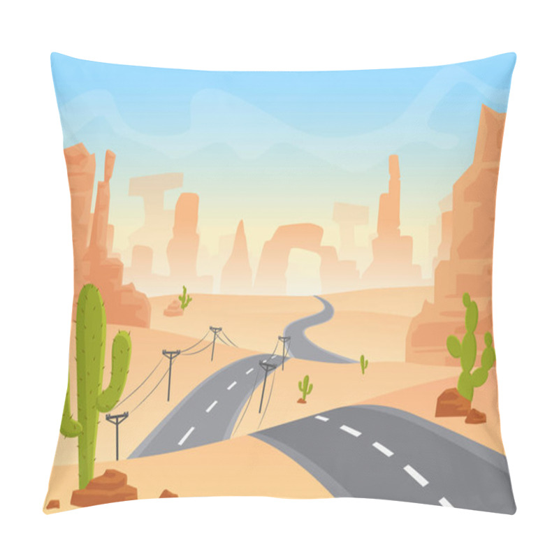 Personality  Desert Texas Landscape. Vector Cartoon Desert With Road, Cactuses And Rock Mountains. Pillow Covers