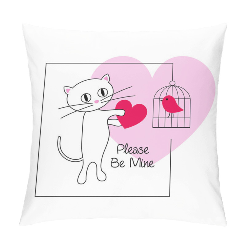 Personality  Cute Cat And Bird Valentine On Pink Heart Pillow Covers