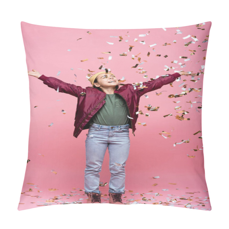 Personality  Full Length Of Joyful Preteen Girl In Stylish Outfit Smiling Near Falling Confetti On Pink  Pillow Covers