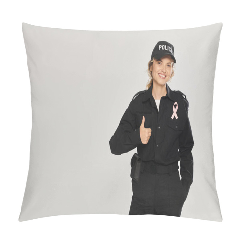 Personality  Smiling Policewoman With Pink Ribbon Showing Thumb Up Isolated On Grey, Breast Cancer Month Pillow Covers