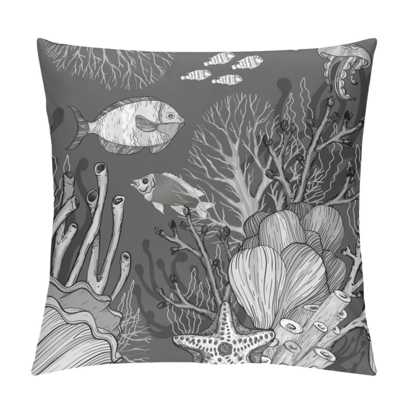 Personality  Seamless Pattern With Nautical Sea Treasure Marine Life. Black And White Pillow Covers