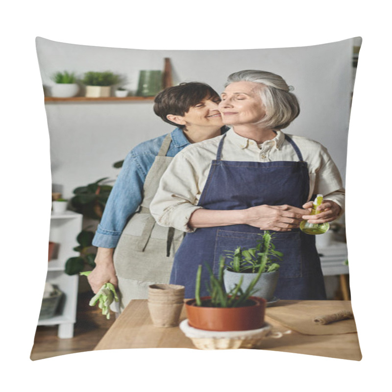 Personality  Two Women Tending Potted Plants In A Cozy Kitchen. Pillow Covers