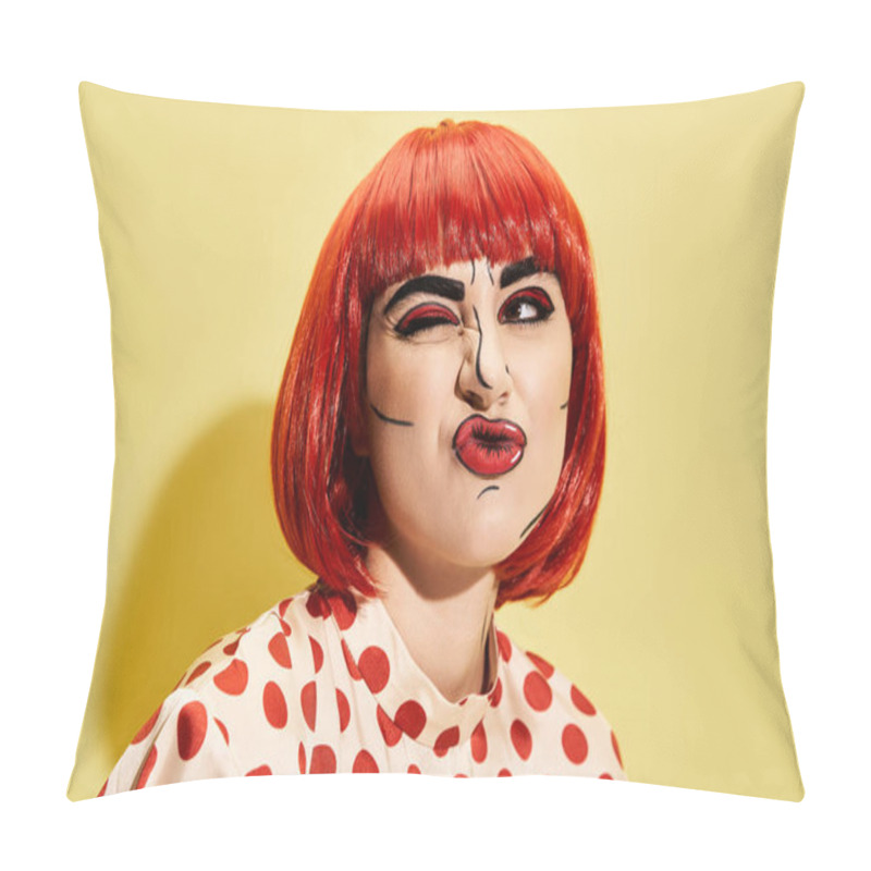 Personality  A Close-up Of A Pretty Redhead Person With Creative Pop Art Makeup, Wearing A Polka Dot Blouse On A Yellow Background. Pillow Covers