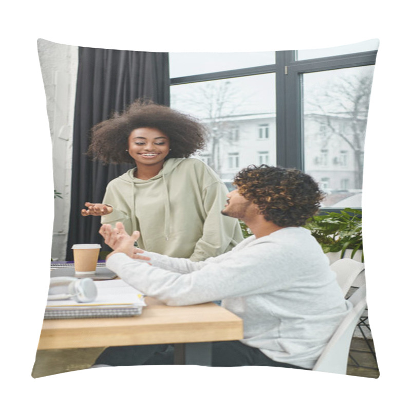 Personality  Two Multicultural Students Engrossed In Conversation At A Modern Coworking Space. Pillow Covers