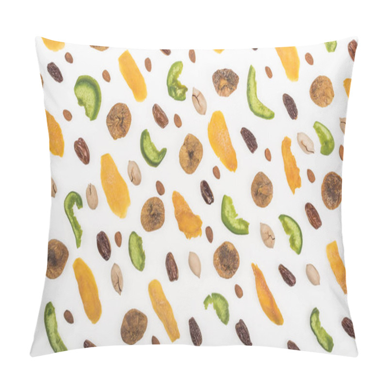 Personality  Top View Of Assorted Nuts, Dried Fruits And Candied Fruit Isolated On White Pillow Covers