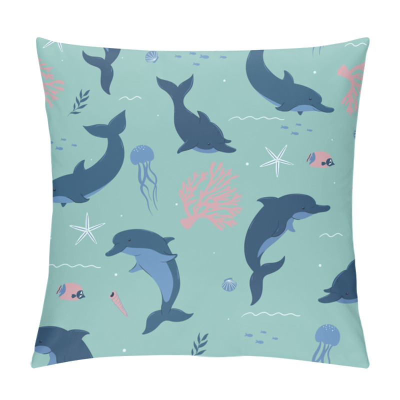 Personality  Seamless Pattern With Cute Dolphins And Marine Life. Vector Image. Pillow Covers