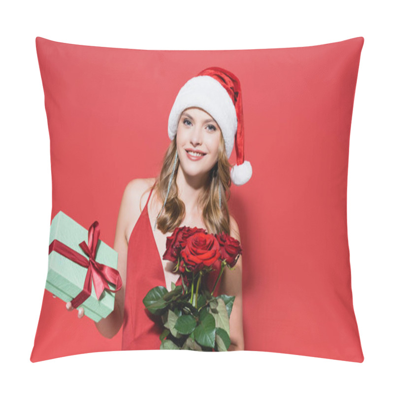 Personality  Cheerful Woman In Santa Hat Holding Roses And Gift Box On Red Pillow Covers