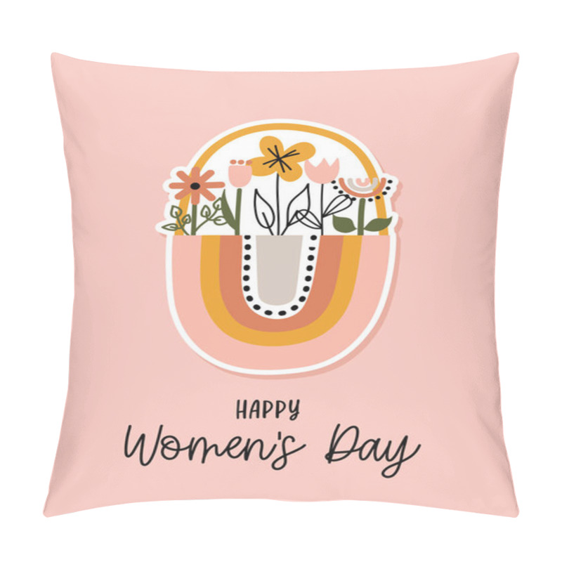 Personality  Happy International Women's Day - International Womens Day Greeting Card. Calligraphy Handwritten Phrase And Hand Drawn Flowers. Handmade Calligraphy Illustration. Women's Day Card On White Background Pillow Covers