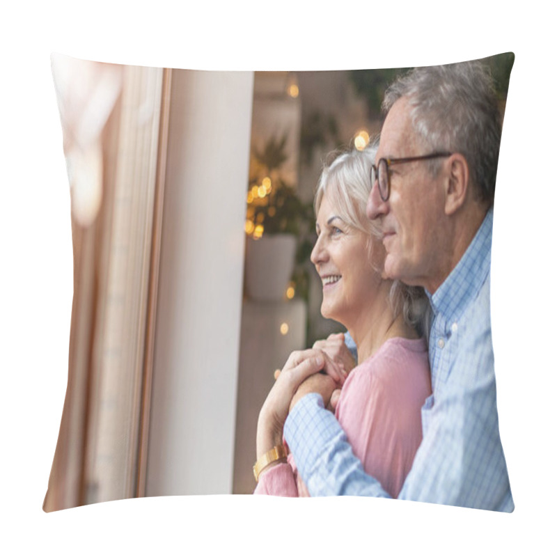 Personality  Mature Couple Looking Out Through Window At Home Pillow Covers