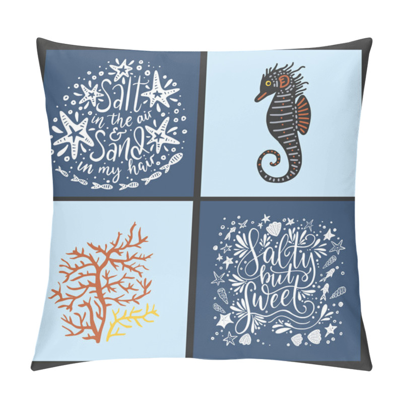 Personality  Vector Sea Cards Set With Handdrawn Sea Animals And Ornate Lettering Pieces. Pillow Covers