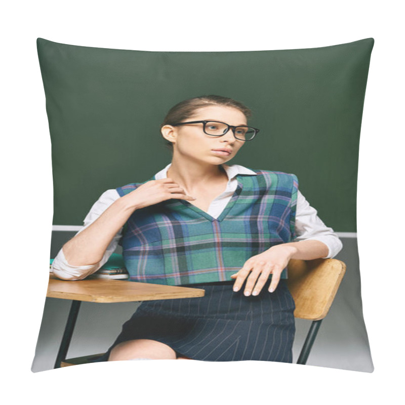 Personality  Young Woman With Glasses At Desk In Classroom. Pillow Covers