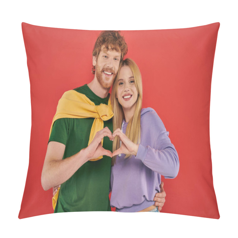 Personality  Portrait Of Young Couple Looking At Camera On Coral Background, Showing Heart Sign With Hands Vibrant Colors, Stylish Outfits, Modern Family, Husband And Wife, Bonding And Love, Togetherness Pillow Covers