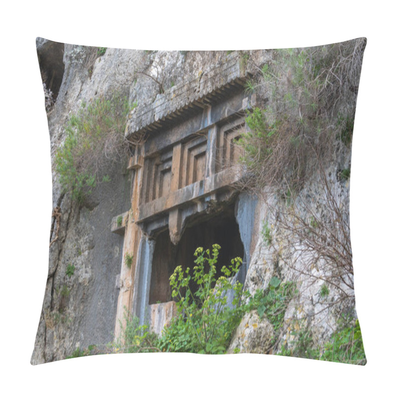 Personality  A Well-preserved Lycian Rock-cut Tomb Carved Into A Cliffside In Fethiye, Turkey, Showcasing The Ancient Civilization's Architectural Mastery. Pillow Covers