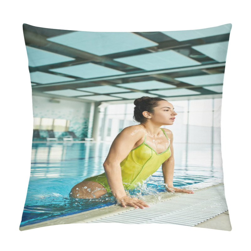 Personality  A Stunning Brunette Woman In A Vibrant Yellow Bathing Suit Gracefully Swims In An Indoor Pool At A Luxurious Spa. Pillow Covers