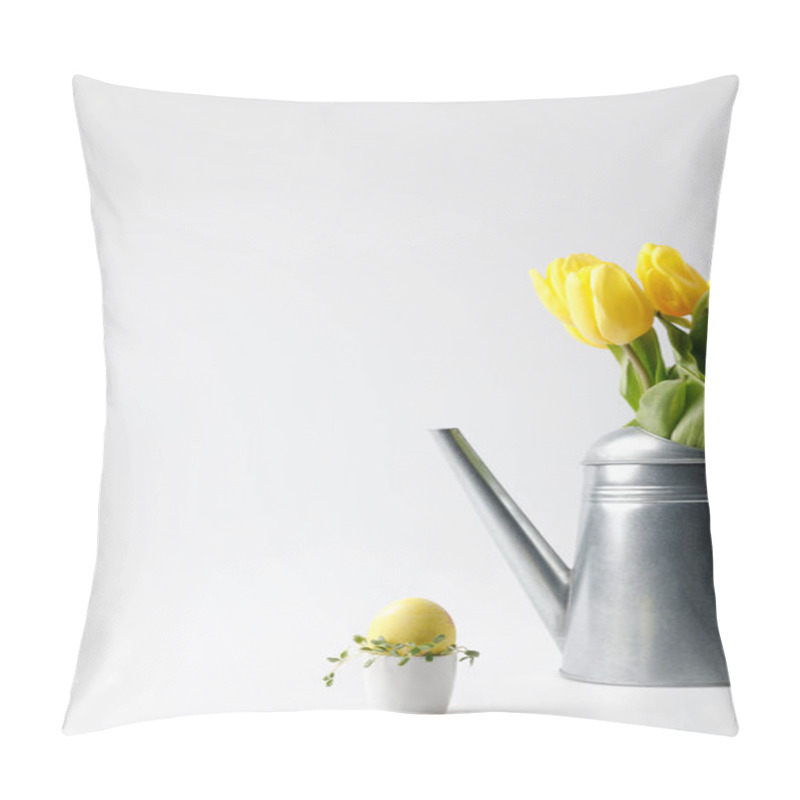 Personality  Yellow Painted Easter Egg In Egg Stand And Tulips In Watering Can On White Pillow Covers