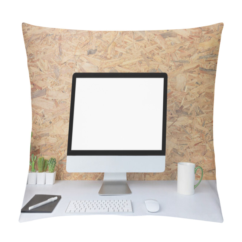 Personality  Computer With Blank White Copy Space For Text, Mockup Design Desktop Computer In Office On White Table With Keyboard And Coffee Cub, Work Place Concept, Cactus In Pot. Pillow Covers