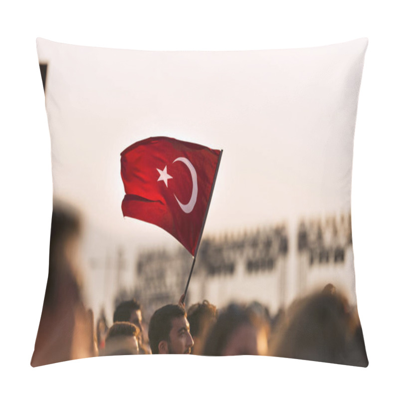 Personality  September 9 Independence Day Of Izmir. Crowded People In The Square Of Gundogdu And A Turkish Flag In Crowded People. Pillow Covers