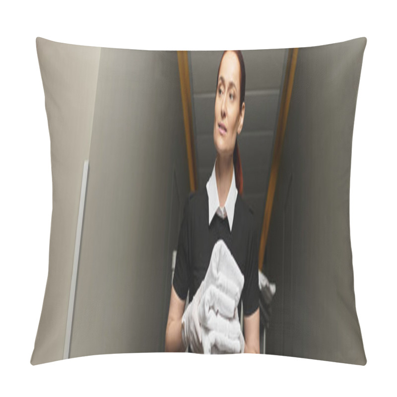 Personality  A Beautiful Young Woman Walks Confidently Holding Towels In A Modern Hotel Corridor. Pillow Covers