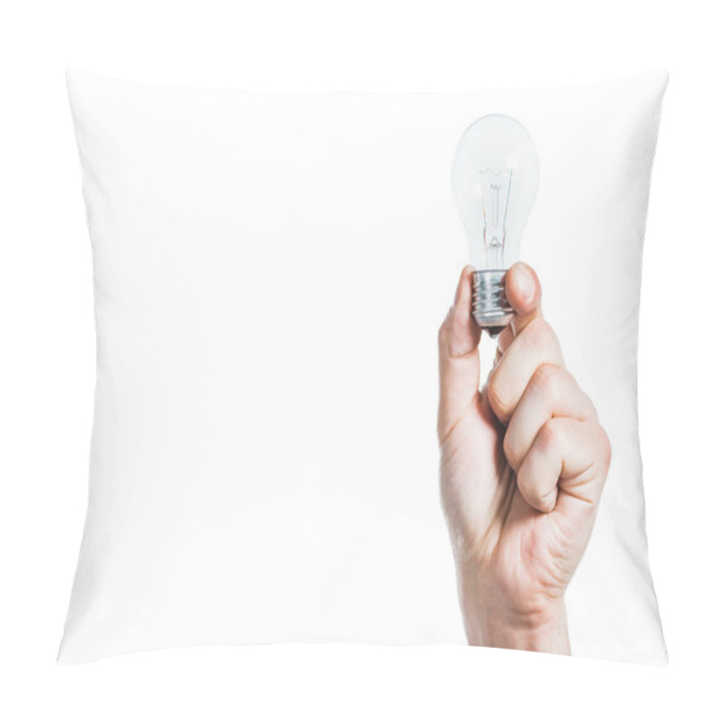 Personality  Cropped View Of Male Hand Holding Led Lamp Isolated On White, Energy Efficiency Concept Pillow Covers