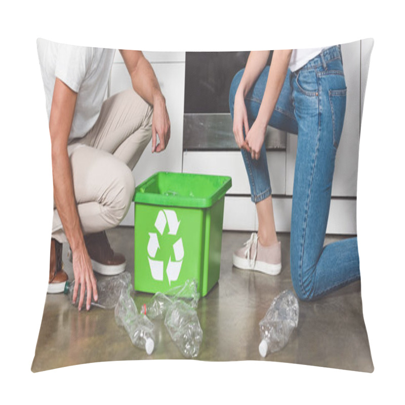 Personality  Cropped View Of Couple Standing At Kitchen With Green Recycle Box And Plastic Bottles On Floor  Pillow Covers