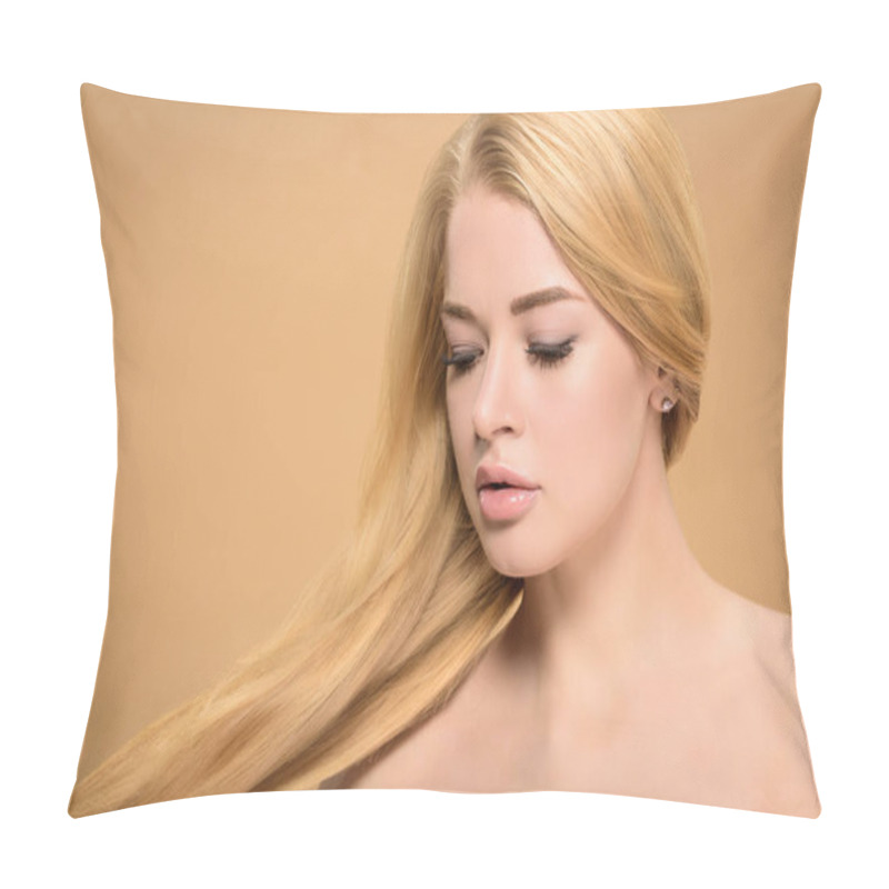 Personality  Pensive Blonde Woman With Straight Hairstyle Looking Down  Pillow Covers