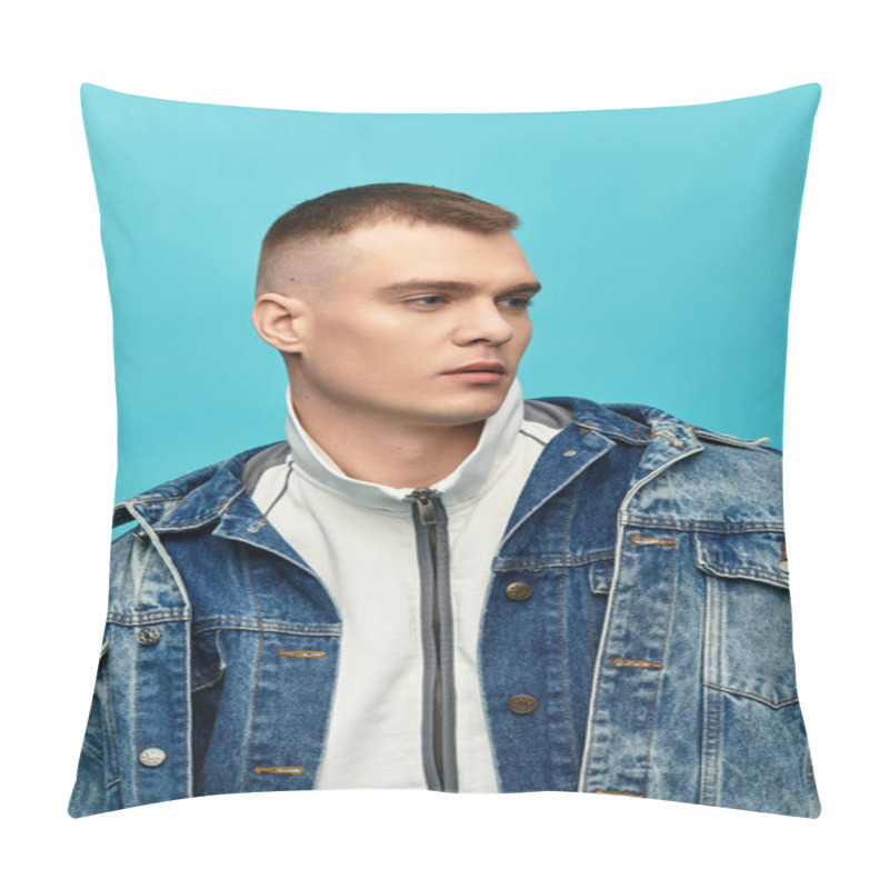 Personality  A Stylish Young Man Gazes Thoughtfully To The Side With A Confident Expression, Dressed In Denim. Pillow Covers